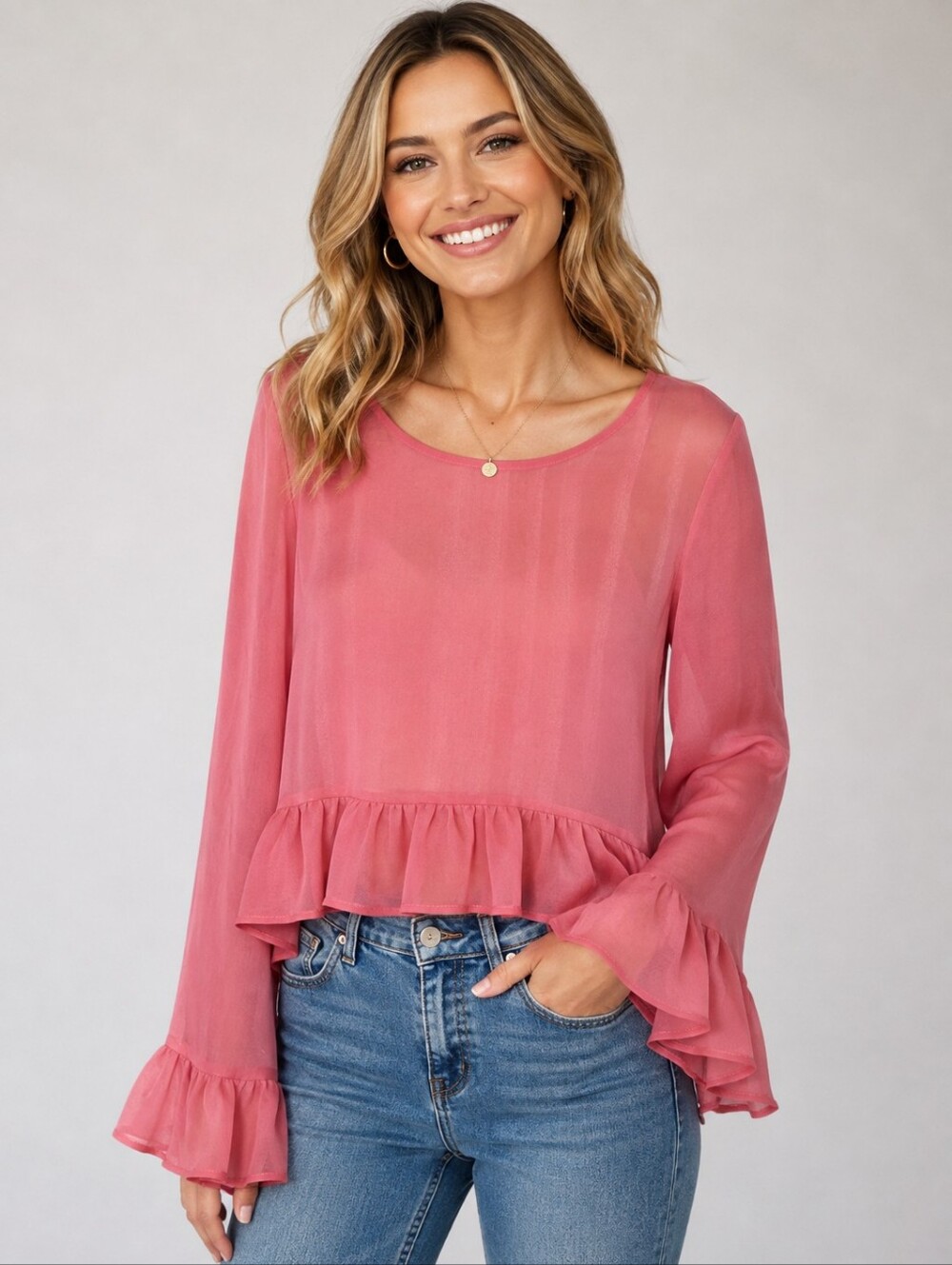Hot & Delicious Wispy Coral Pink Ruffle Hem Long Sleeve Bohemian Blouse Size L